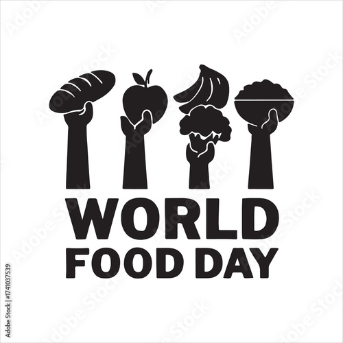 World Food Day Unity Poster – Raised Hands Holding Diverse Food Items in Black and White, Poverty Hunger Vector Art, Icons, and Graphics