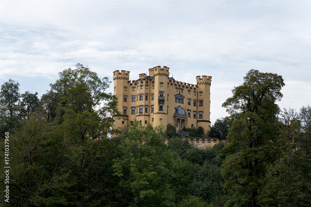 Naklejka premium Castle situated on a hill surrounded by trees creates a stunning view in a serene landscape