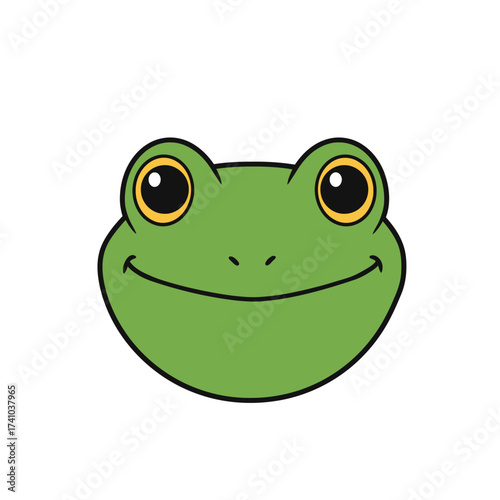 Happy smiling green frog head cartoon illustration. A cute and friendly amphibian character face with big eyes, isolated vector graphic on a white background