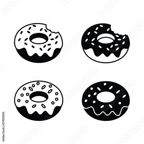 Black and white illustration of four various donuts with bite marks