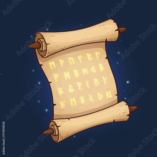 Ancient Scroll with Runes Illuminated by Magical Sparks