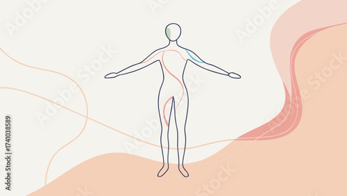 Abstract illustration of human body with colorful flowing lines representing energy or nervous system