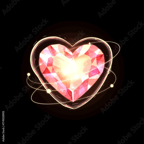 Luminous pink heart-shaped crystal with swirling golden light, a magical gem of love and fantasy