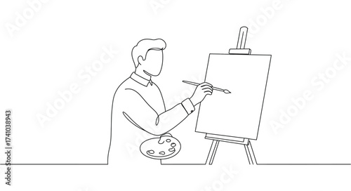 Artist painting on canvas at easel with brush and palette capturing creative moment in studio fine art hobby and passion