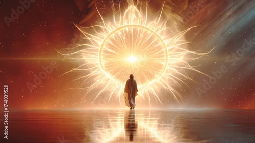 Jesus walking forward toward bright light with lion shadow and faint rainbow glow