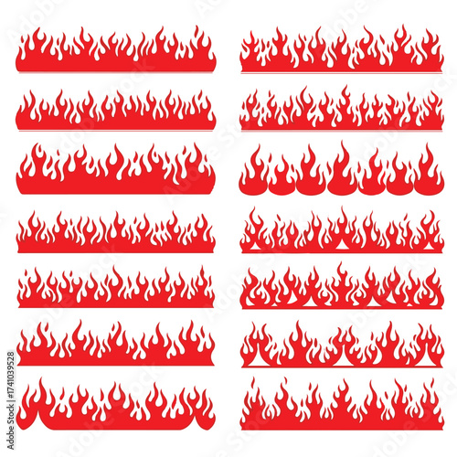 Fire border vector set. Red cartoon flames forming seamless borders, blazing frame dividers, and hot flaming banners. Perfect for wildfire, campfire, and fiery trail designs.
