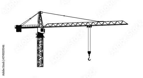Detailed line drawing of a large tower crane used in construction sites for lifting heavy materials safely and efficiently