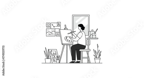 Artist creates masterpiece woman painting at easel studio indoor artwork creative hobby studio life art creation