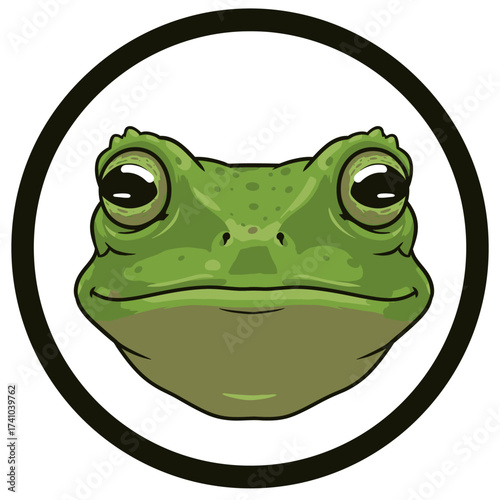 Cute frog face icon in black circle. Simple green cartoon amphibian head.  Illustration
