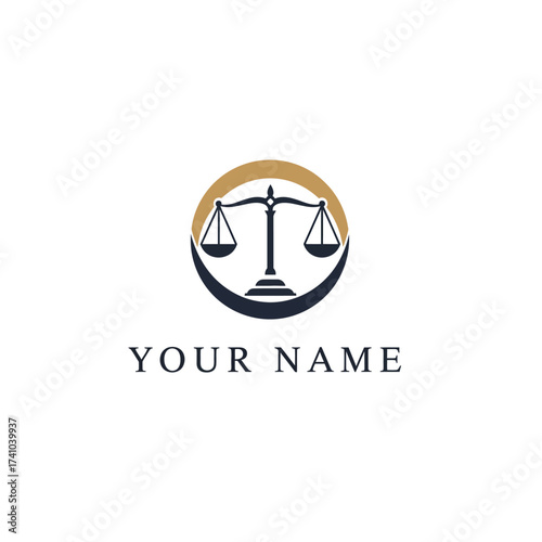 Professional law firm logo template with a modern scales of justice icon inside a circular emblem, ideal for legal and business use