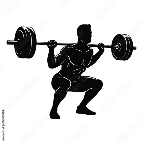 Silhouette of a strong man performing a barbell back squat exercise