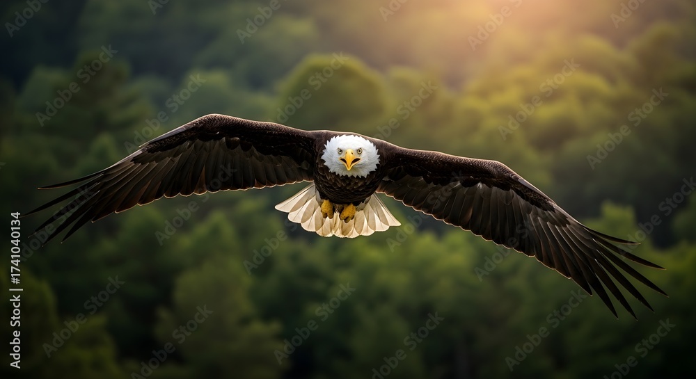 Obraz premium Majestic bald eagle soaring through forest canopy with sunlit highlights
