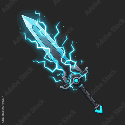 A digitally illustrated fantasy sword, glowing with vibrant blue electrical energy, stands as a formidable weapon for mythical adventures and heroic quests, ready for epic battles