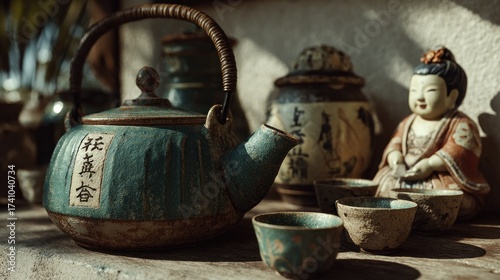 Vintage Asian Tea Ceremony Still Life Composition with Teapot and Figurines
