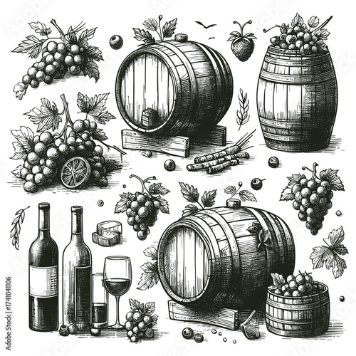 Wine Barrels and Bottles Vintage Illustration