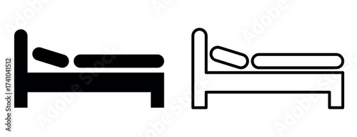 Black single bed icon with blanket and pillow. Editable stroke. Simple modern furniture symbol for bedroom, hotel, hostel, home interior, sleep, rest, relaxation, comfort concepts.