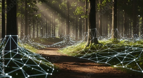 Fototapeta Naklejka Na Ścianę i Meble -  A forest scene with trees sunlight and a geometric network overlaying the ground and tree trunks
