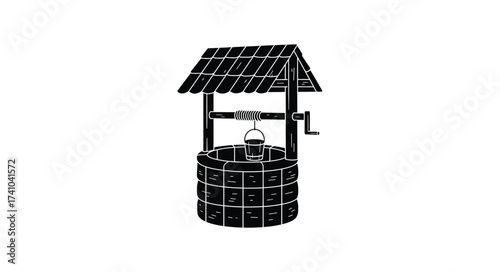 Rustic wooden wishing well with a simple roof structure and a bucket mechanism for drawing water from a deep well in a rural setting