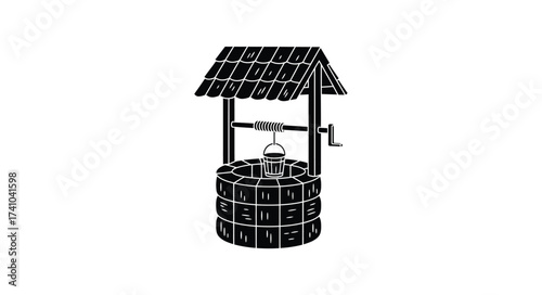 Rustic stone wishing well with wooden roof and hand crank symbolizing tradition and water source