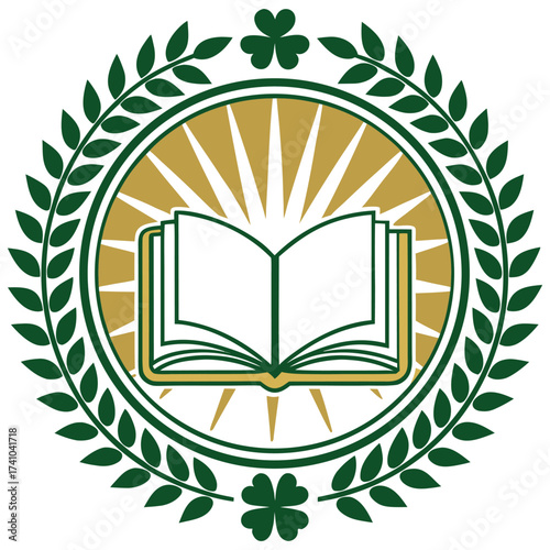 Irish Heritage Library Emblem Green Laurel Wreath and Open Book