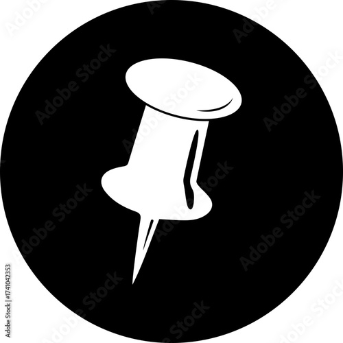 A pushpin with a sharp point against a black circular background design element