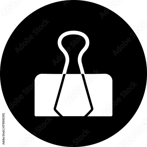 A white/transparent binder clip inside a black circle providing a simple graphic element design