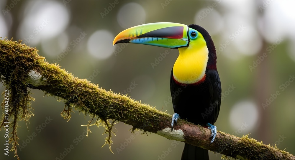 Obraz premium Vibrant toucan perched on mossy branch in lush rainforest nature wildlife