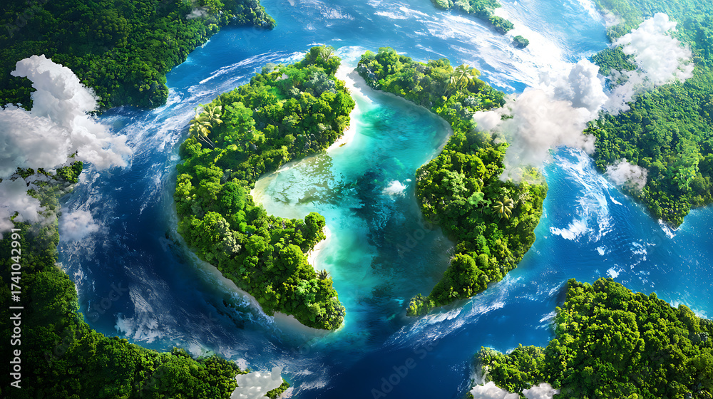 Fototapeta premium Stunning aerial view of lush, green isthmus surrounded by vibrant blue waters and clouds, showcasing beauty of nature harmony