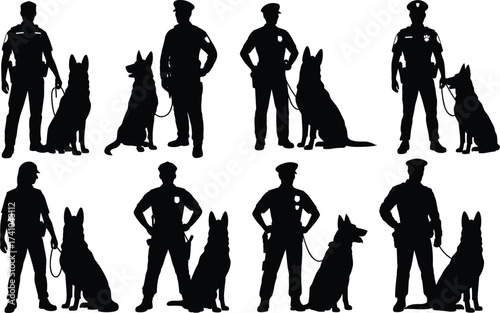 Police Officer and Dog Silhouette Vector Set. K9 Unit Silhouettes with German Shepherds.