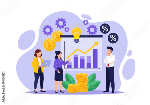 A business team collaborates on a financial strategy, analyzing a growth chart surrounded by icons of innovation, profit, and returns.