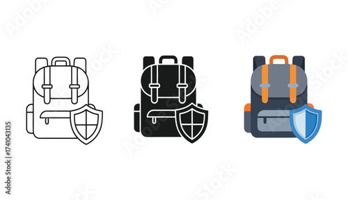 Backpack and Shield Icons Set travel adventure