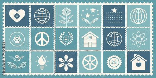 Collection of symbolic postage stamps representing global issues and environmental awareness themes