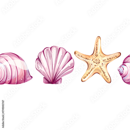 Seamless pattern of summer beach vacation elements featuring seashells and starfish, perfect background wallpaper for holiday celebrations and relaxation themes