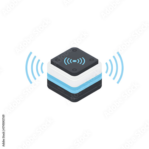 Isometric layered electronic device emitting blue Wi-Fi signals