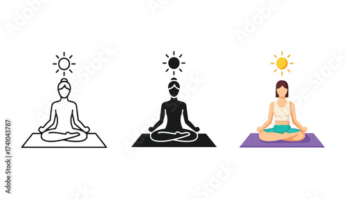 Yoga Meditation Icons in Three Styles sitting lotus position
