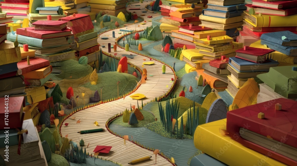 Fototapeta premium Colorful Paper Landscape with Books and River Pathway in Nature Scene