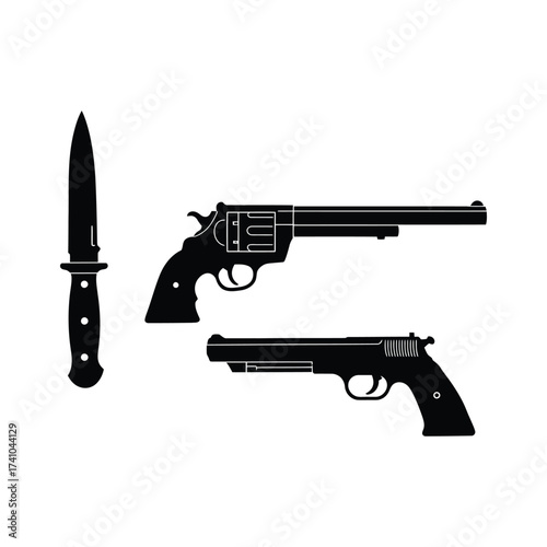 A black and white illustration depicting a knife and two revolvers