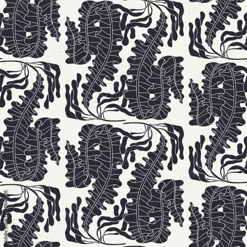 Seaweed monochrome abstract botanical coastal damask seamless pattern art nouveau style