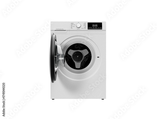 3d render Modern white front-loading washing machine with an open door isolated on black background, energy-efficient appliance for home laundry, minimal design and clean technology.