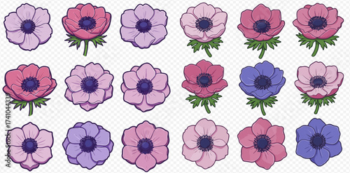 A collection of anemone flowers in various shades of pink, purple, and blue.