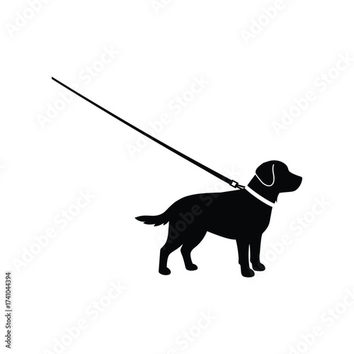 A simple black silhouette of a dog on a leash walking