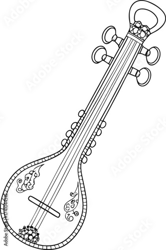 Black and white line drawing of a sitar indian instrument