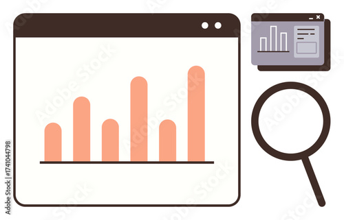 Bar chart on a digital dashboard, magnifying glass symbolizing analysis, small screens showcasing details. Ideal for data analysis, business growth, performance review, metrics tracking, digital