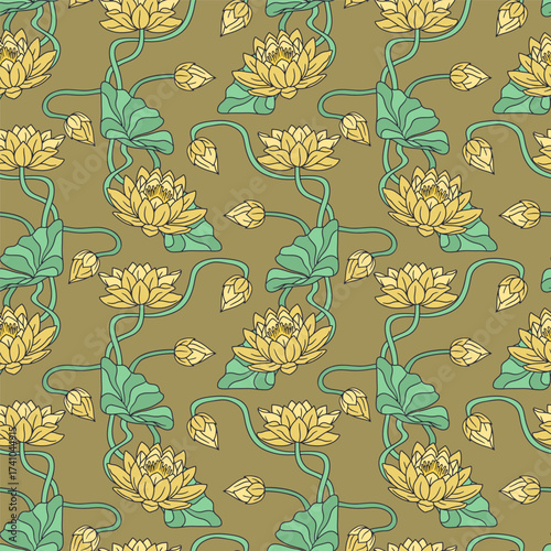 Vintage seamless pattern with hand drawn yellow lotus flowers on mustard background