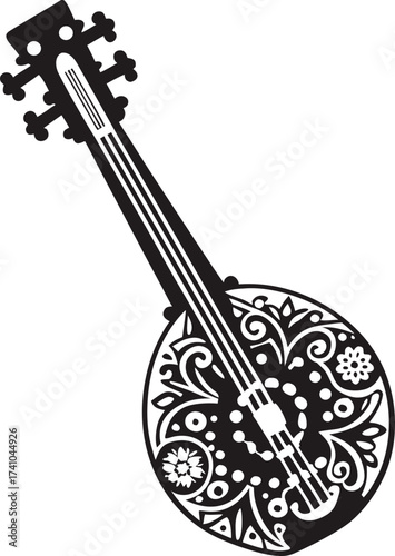 Black and white ornate stringed instrument silhouette