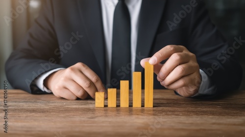  businessman adjusts wooden bars representing growth on a table, symbolizing financial progress and success in a professional setting.