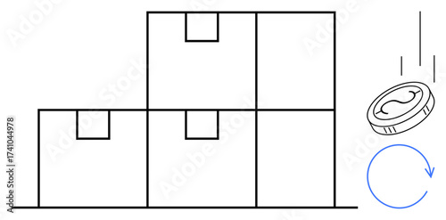 Stacked boxes with a falling coin and circular arrow illustrating supply chain, e-commerce, delivery, logistics, storage, investment, and operational flow concepts. A simple flat metaphor