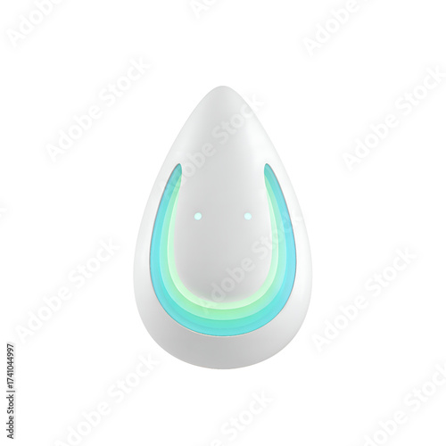 Sleek white teardrop smart device with glowing turquoise and green lights