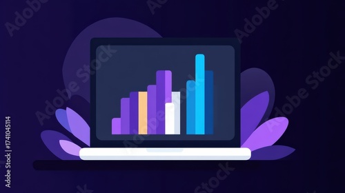  laptop displaying colorful bar graphs on a dark background, surrounded by abstract shapes, symbolizing data analysis and digital insights.