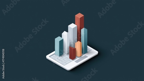  sleek digital representation of a bar graph on a tablet, illustrating data trends with colorful 3D bars against a dark background.